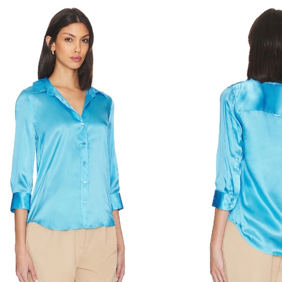 L'Agence Dani Silk Satin 3/4-Sleeve Button-Down Blouse Light Aqua XSmall - Picture 6 of 14